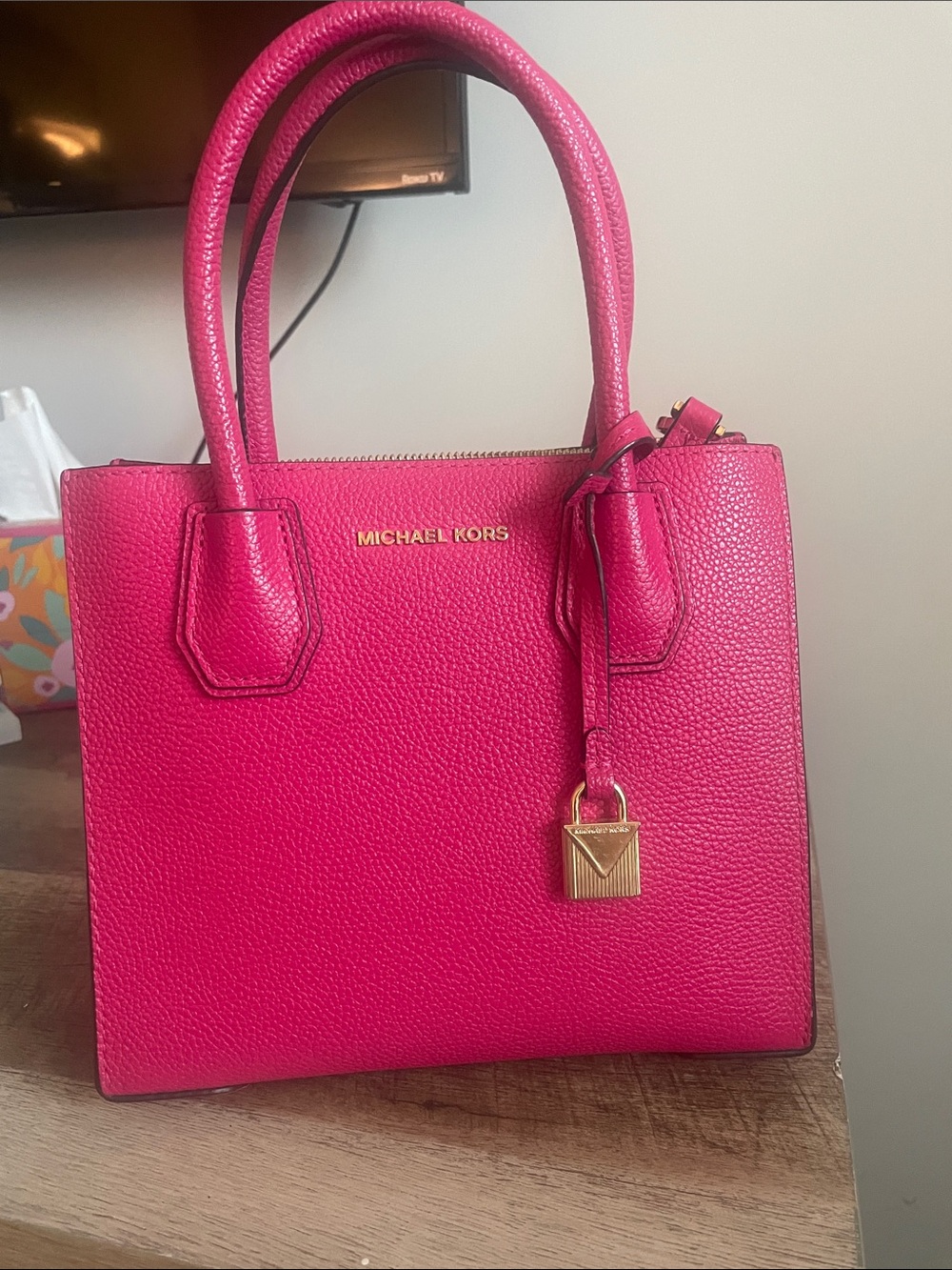 MICHAEL KORS Hot Pink Pebbled Leather Satchel with Gold Hardware